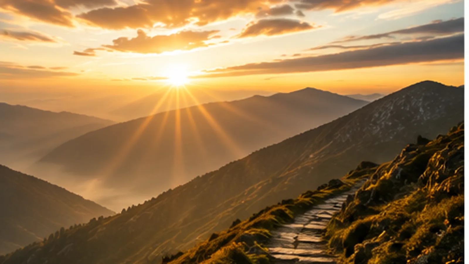 A mountain trail climbing toward the sunrise