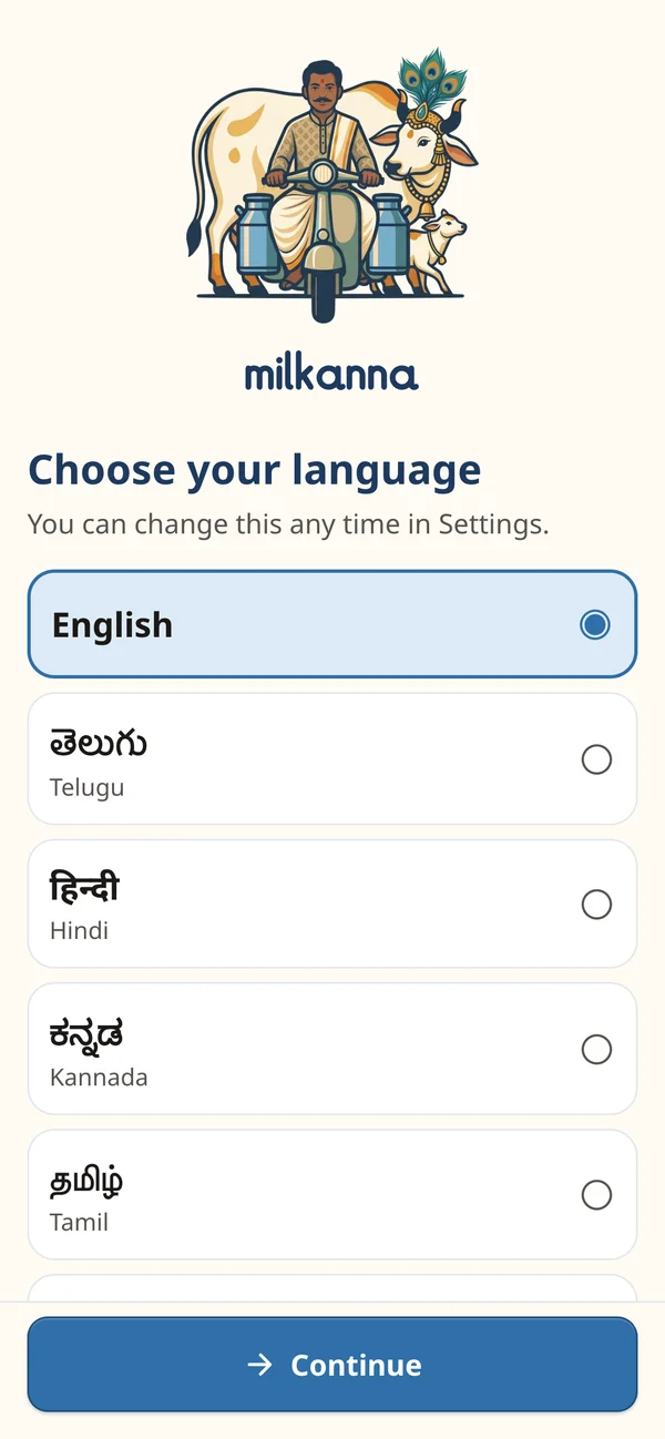 The Milkanna app's welcome screen