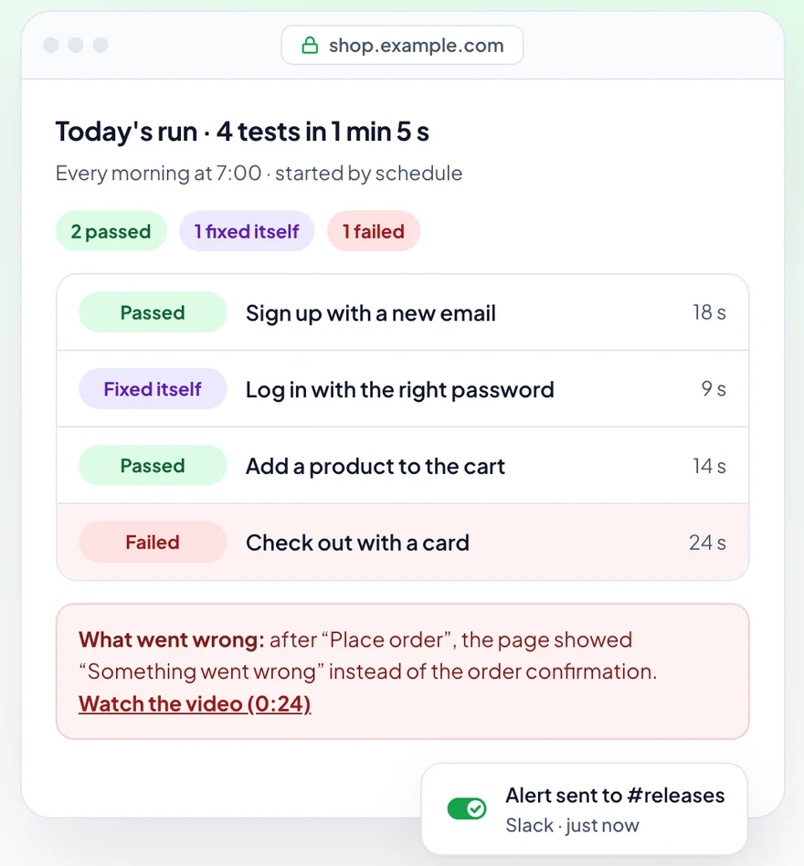 NoCodeTest's daily test run, with passed, self-fixed and failed tests