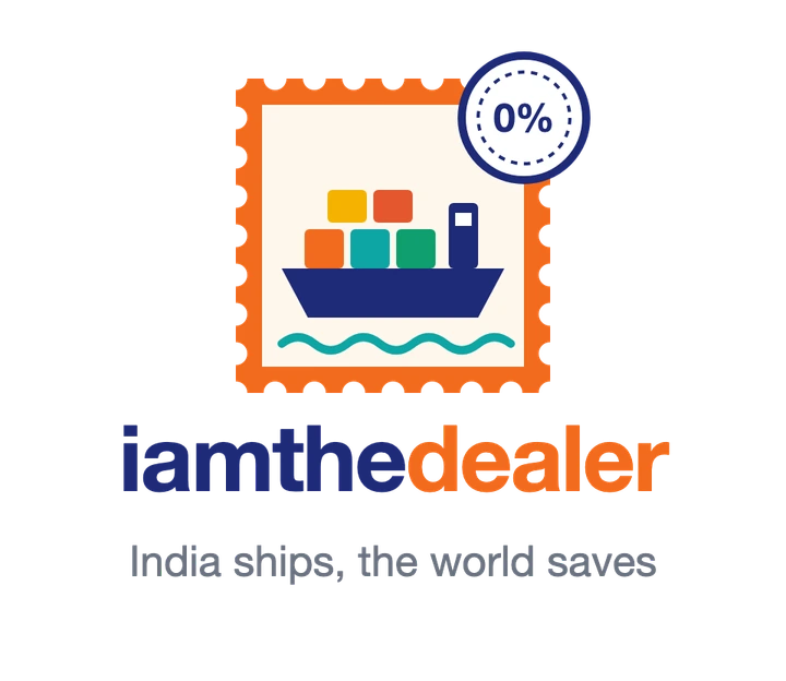 The iamthedealer logo: a saffron stamp with a container ship and a 0% postmark