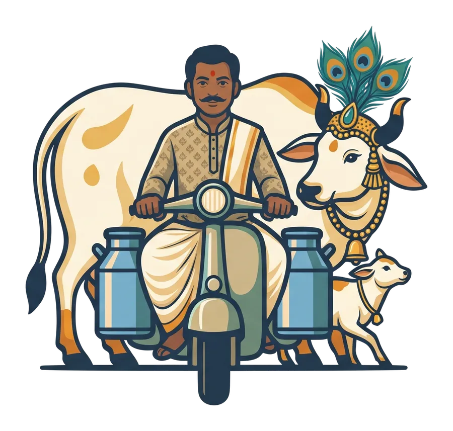 The Milkanna milkman on his scooter with milk cans, a cow and a calf