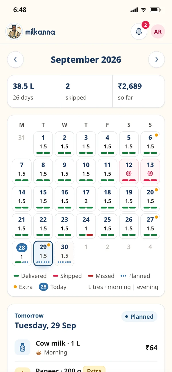 Milkanna's milk calendar for a household: each day's litres, skips and what's planned